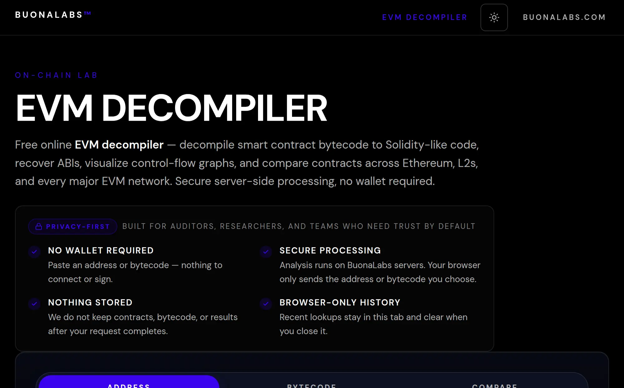 EVM Decompiler — Free Online Bytecode to Solidity Tool — website preview