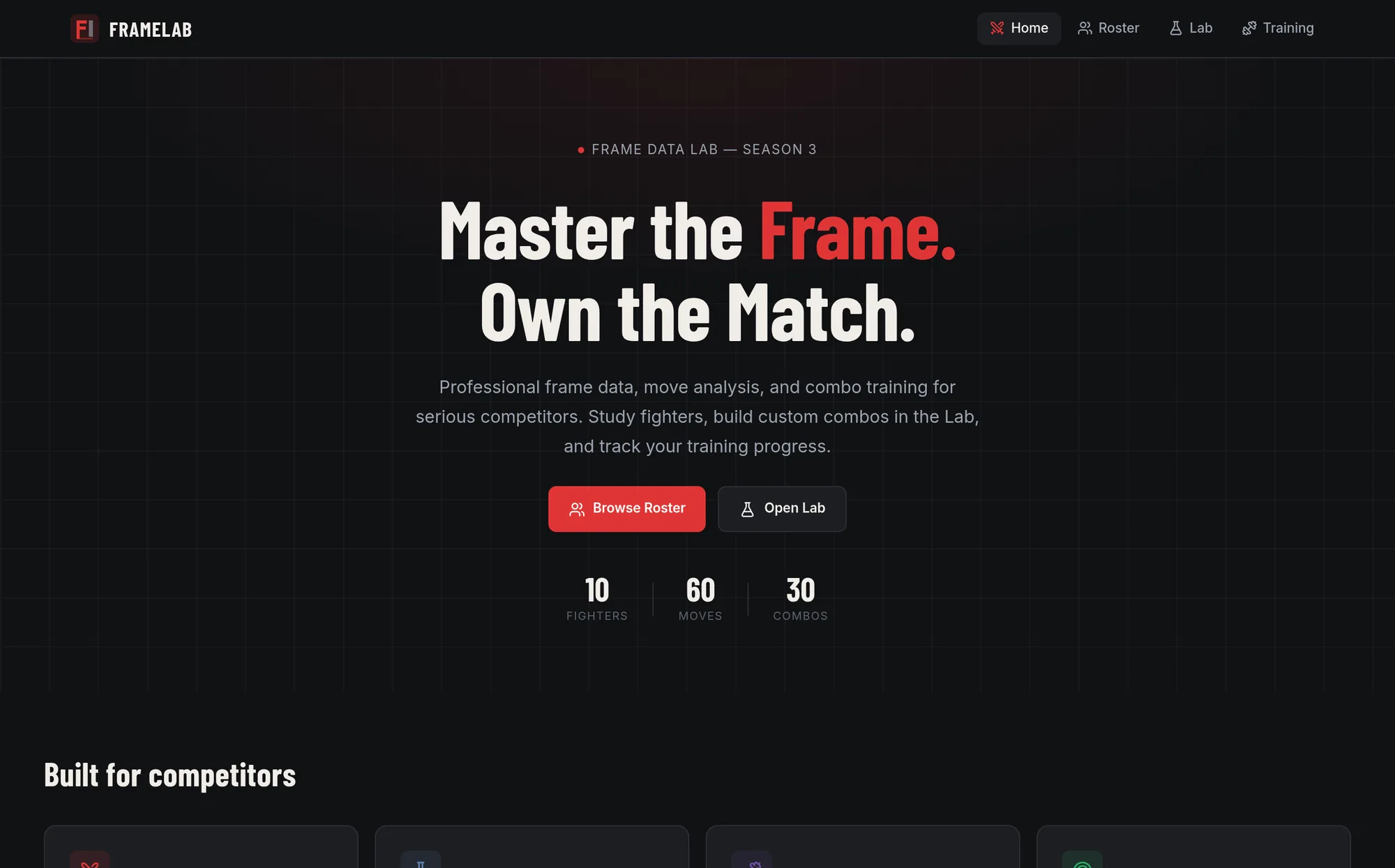 FRAMELAB — Fighting-Game Frame Data — website preview