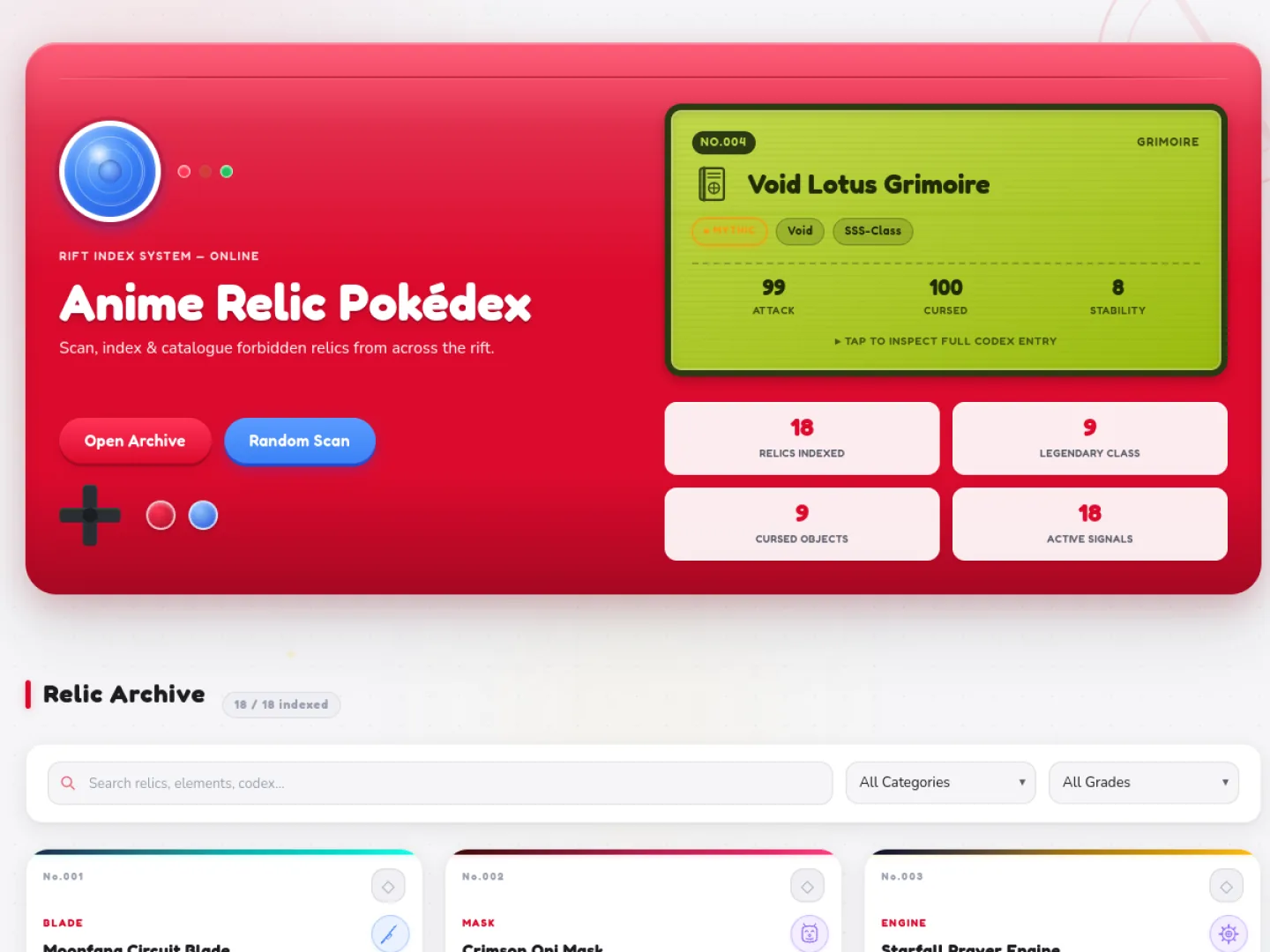 UltraDex — Anime Relic Database — website preview